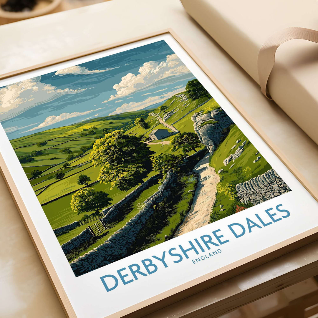Derbyshire Dales poster showcasing rolling hills and countryside, perfect for home decor and nature lovers.