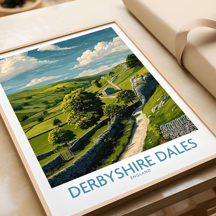 Derbyshire Dales poster showcasing rolling hills and countryside, perfect for home decor and nature lovers.