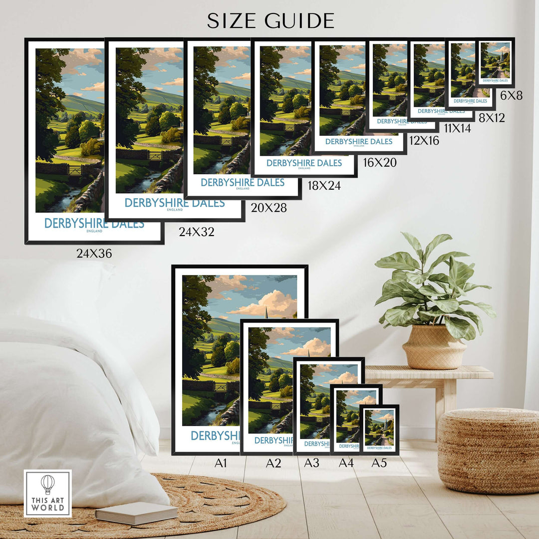 Derbyshire Dales poster size guide showcasing different dimensions for wall decor options.