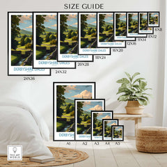 Derbyshire Dales Poster - English Countryside Art Print - Wall Decor size guide with various frame options and dimensions.
