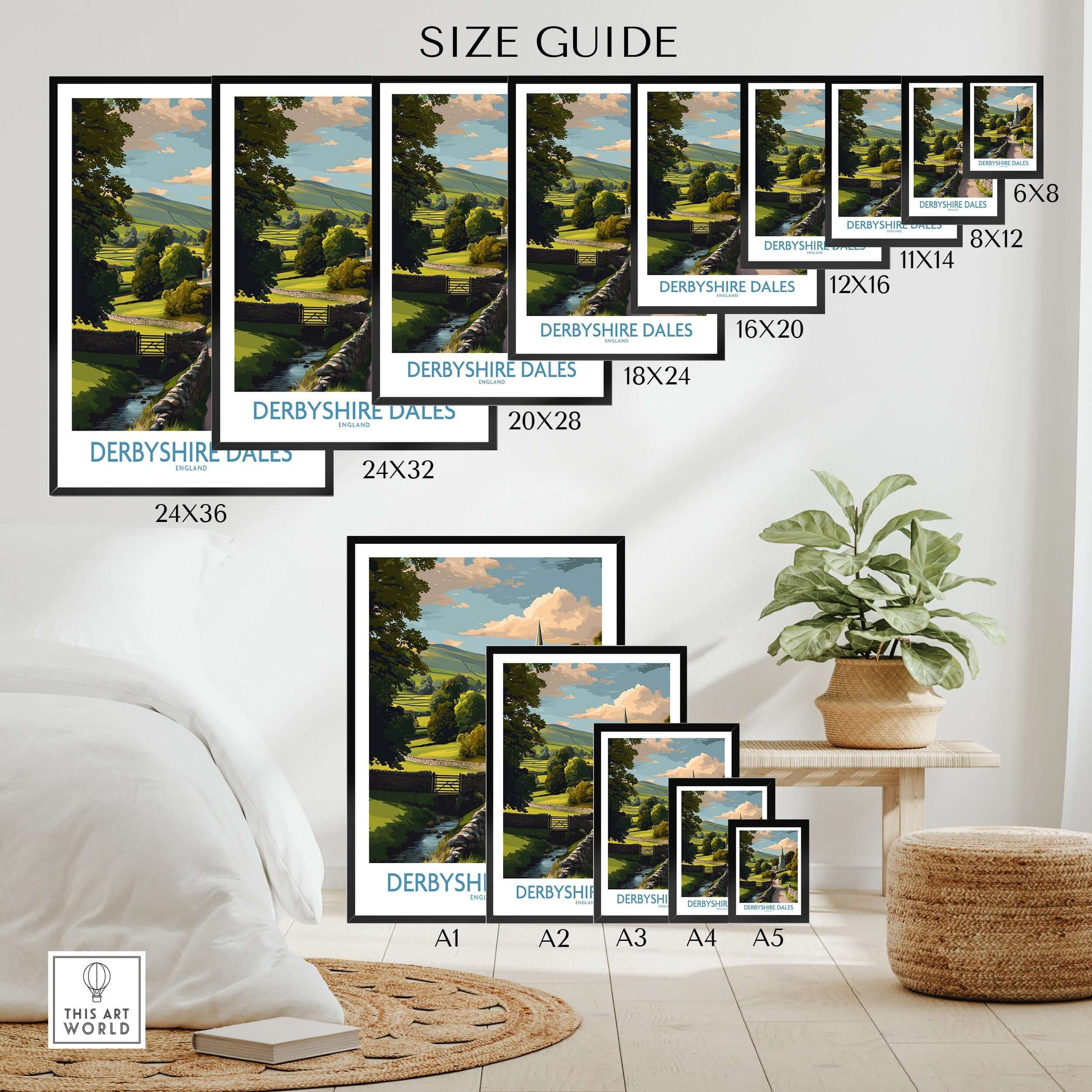 Derbyshire Dales Poster - English Countryside Art Print - Wall Decor size guide with various frame options and dimensions.