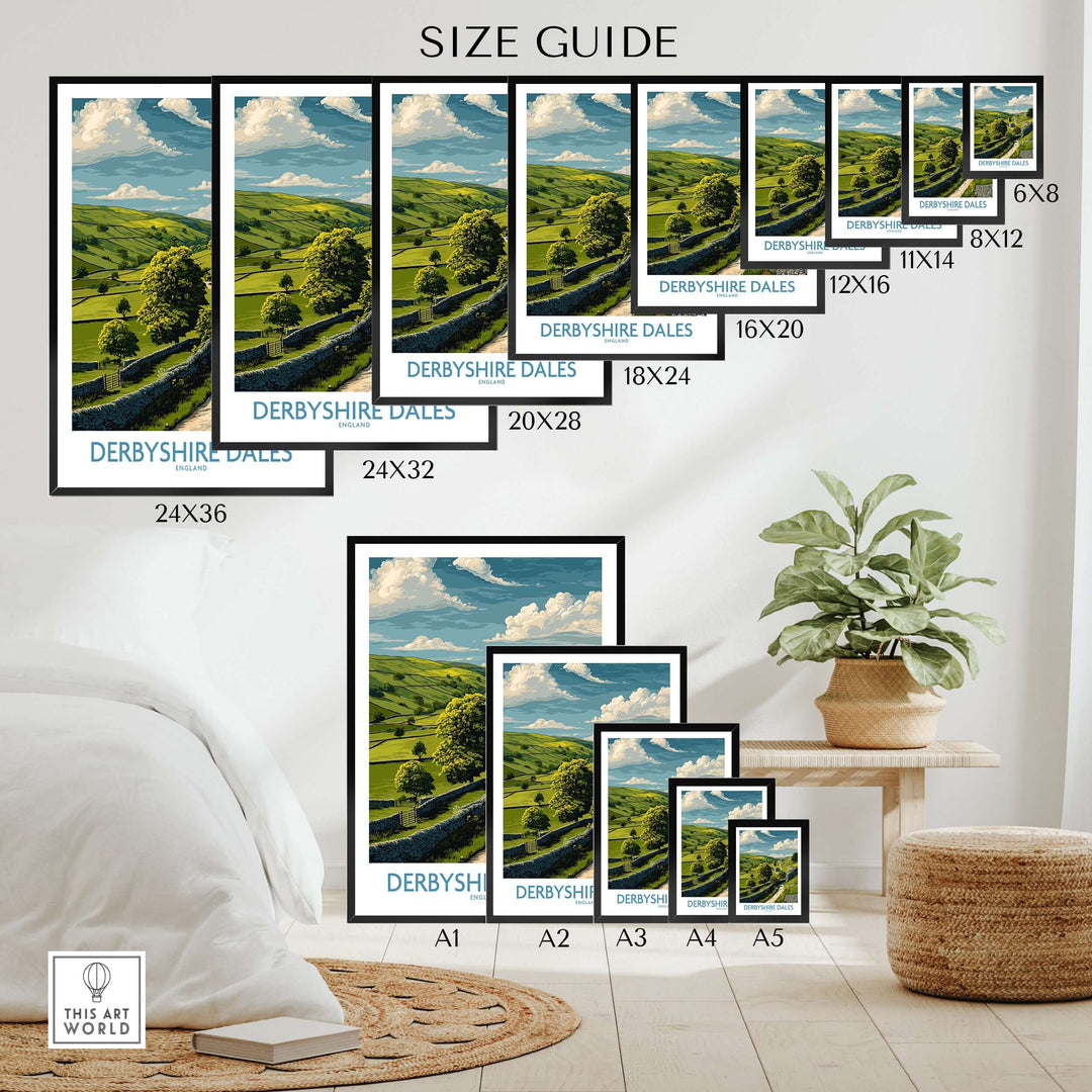 Size guide for Derbyshire Dales poster sizes including various dimensions for wall art display.