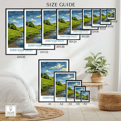 Derbyshire Dales Poster - Peak District Art Print - Rolling Hills Wall Decor size guide with various frame sizes.