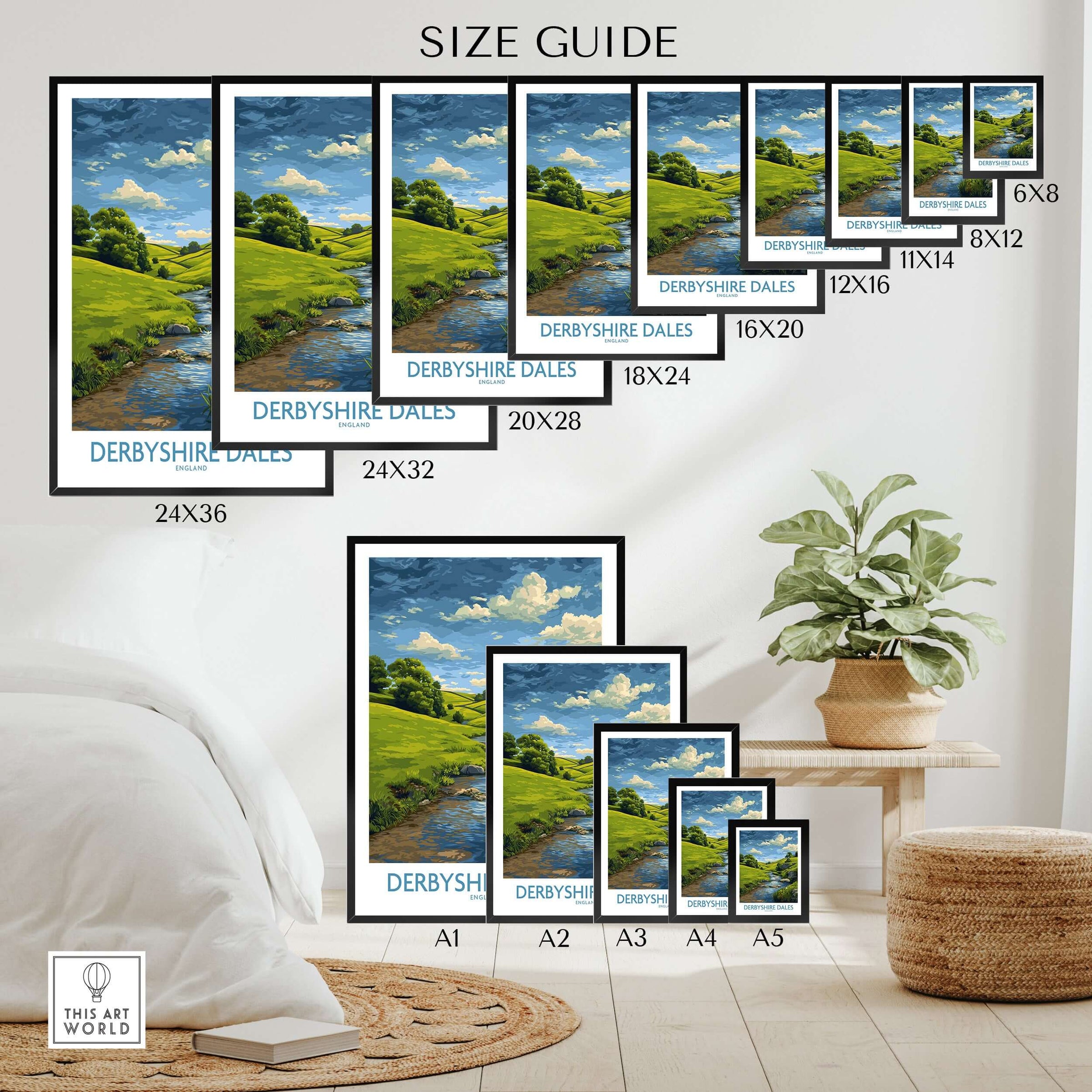 Derbyshire Dales Poster - Peak District Art Print - Rolling Hills Wall Decor size guide with various frame sizes.