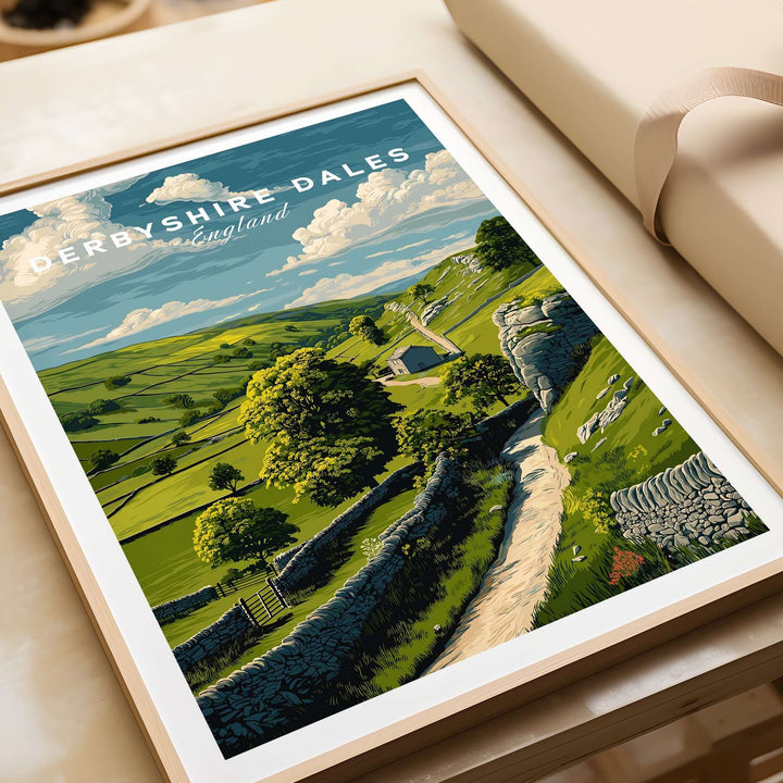 Derbyshire Dales print showcasing green fields and hills, perfect farmhouse wall art for countryside lovers.