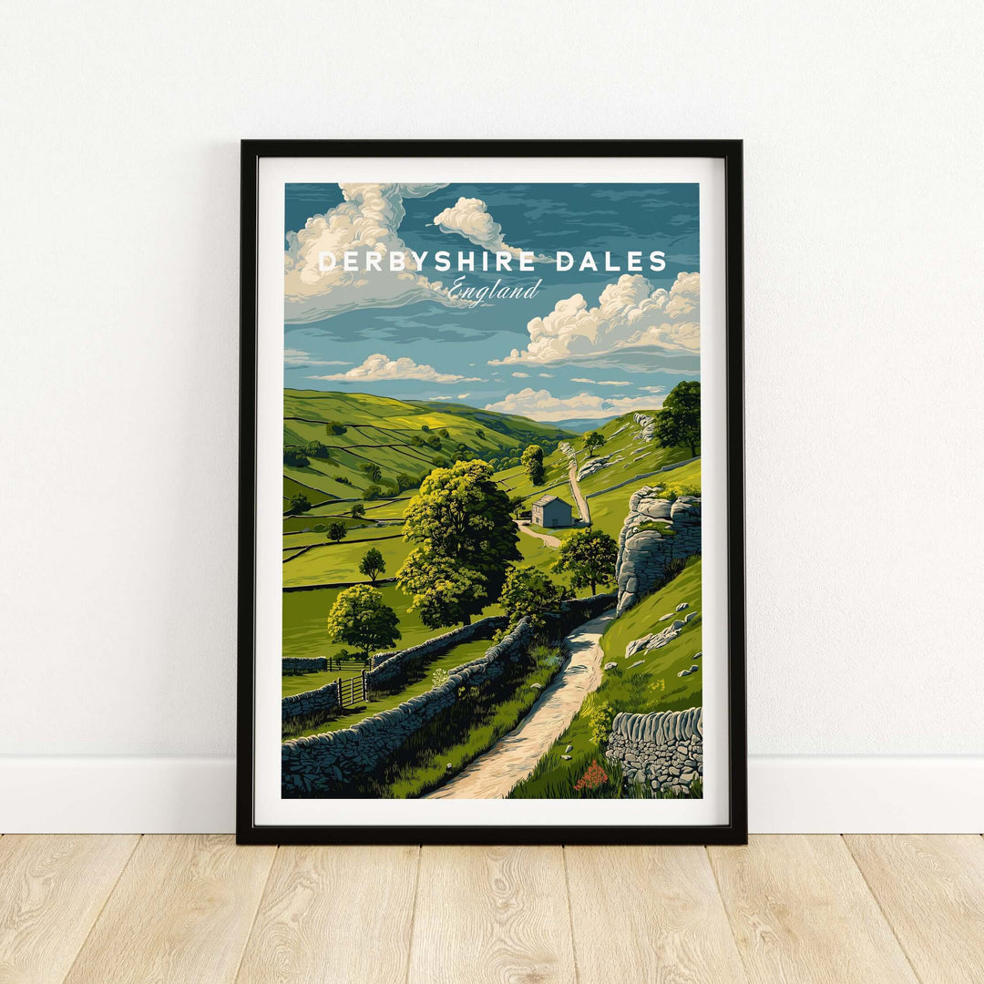 Derbyshire Dales print showcasing lush green fields and hills, perfect farmhouse wall art for nature lovers.