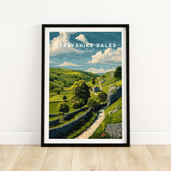 Derbyshire Dales Print - England Farmhouse Wall Art - Green Fields and Hills Poster showcasing a serene landscape.