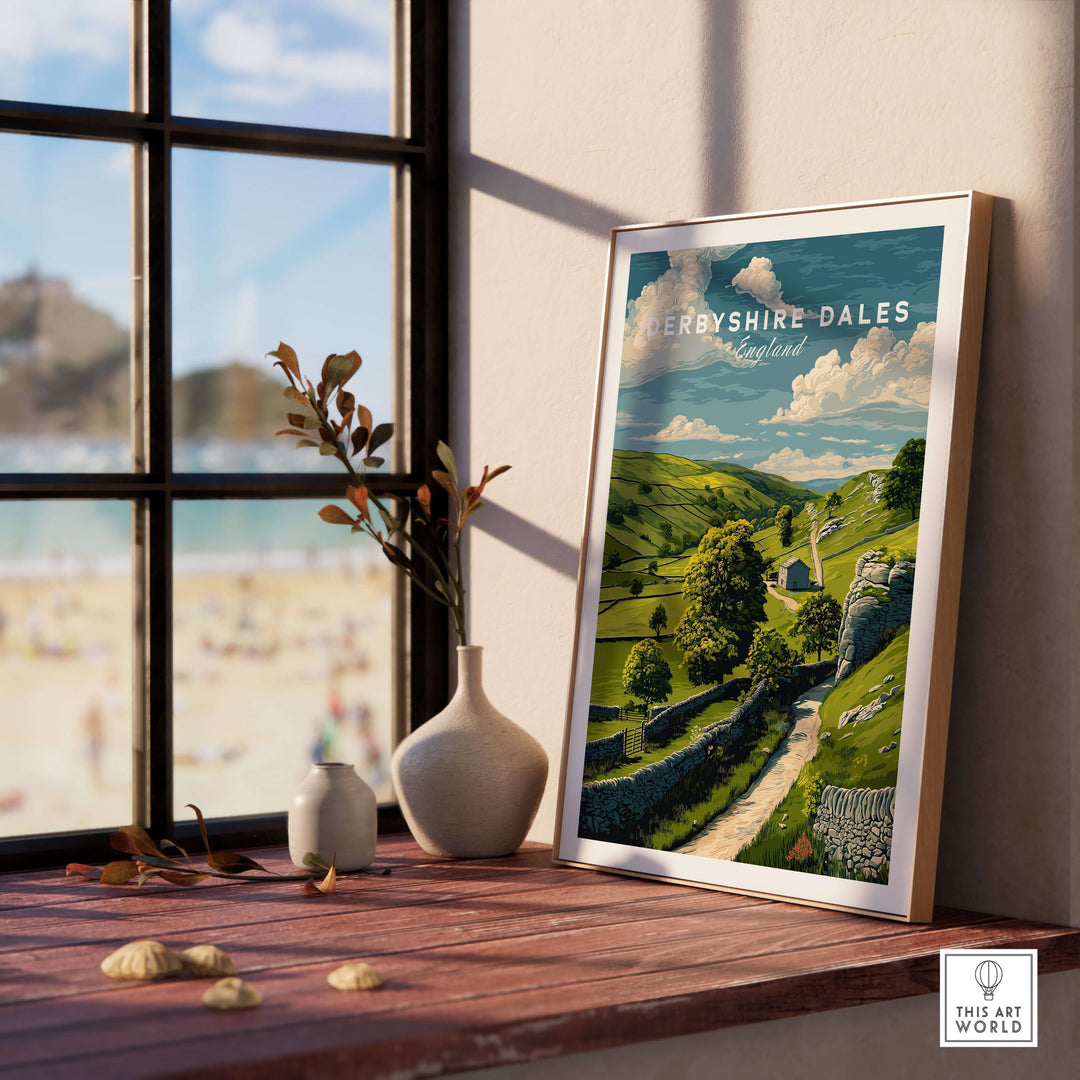 Framed Derbyshire Dales print showcasing green fields and hills, perfect farmhouse wall art for rustic decor.