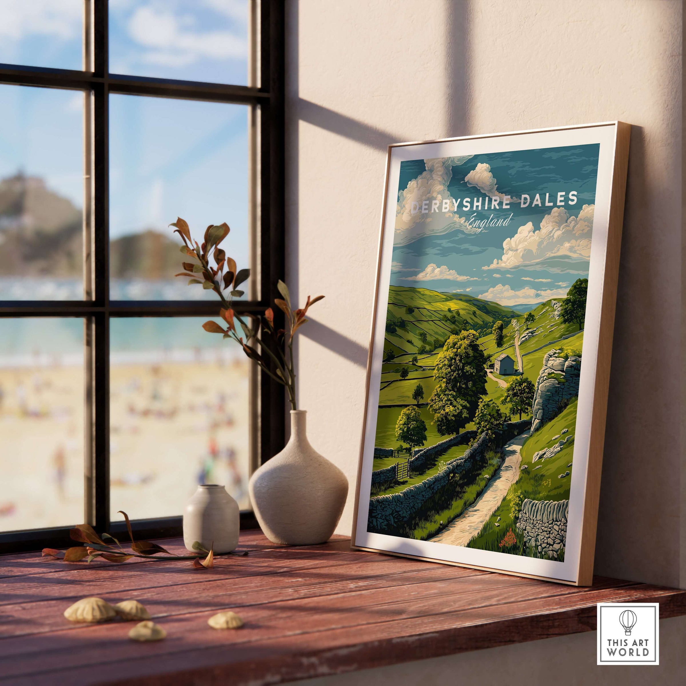 Derbyshire Dales Print - England Farmhouse Wall Art - Green Fields and Hills Poster displayed in a cozy interior.