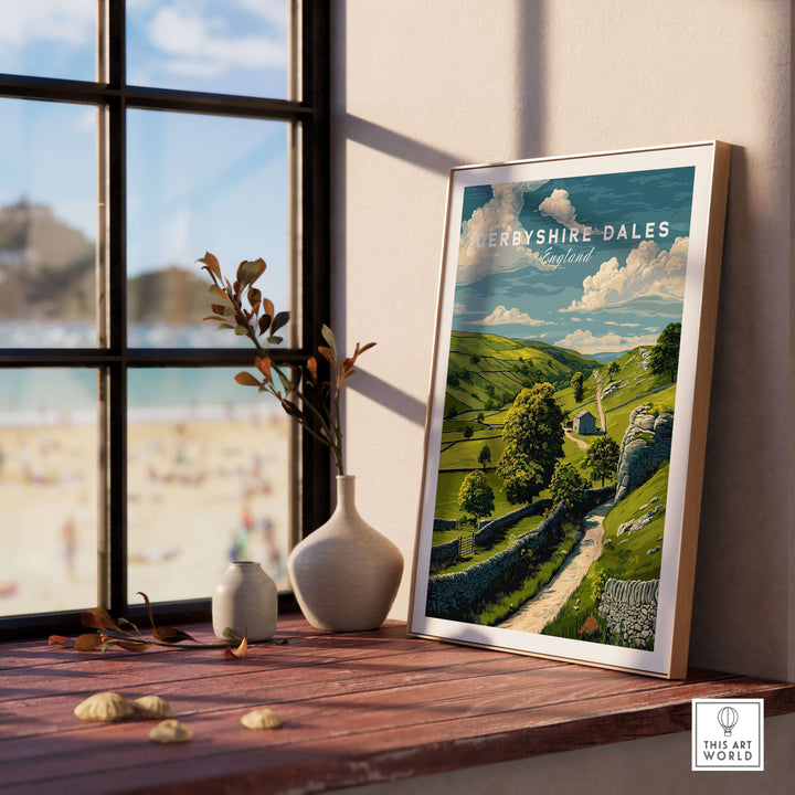 Framed Derbyshire Dales print showcasing green fields and hills, perfect farmhouse wall art for rustic decor.