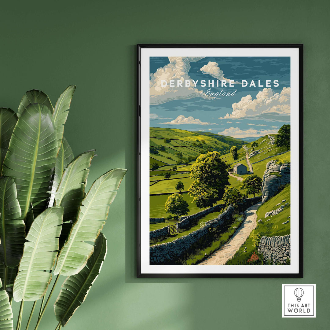 Framed Derbyshire Dales print featuring lush green hills and a peaceful countryside scene in England.