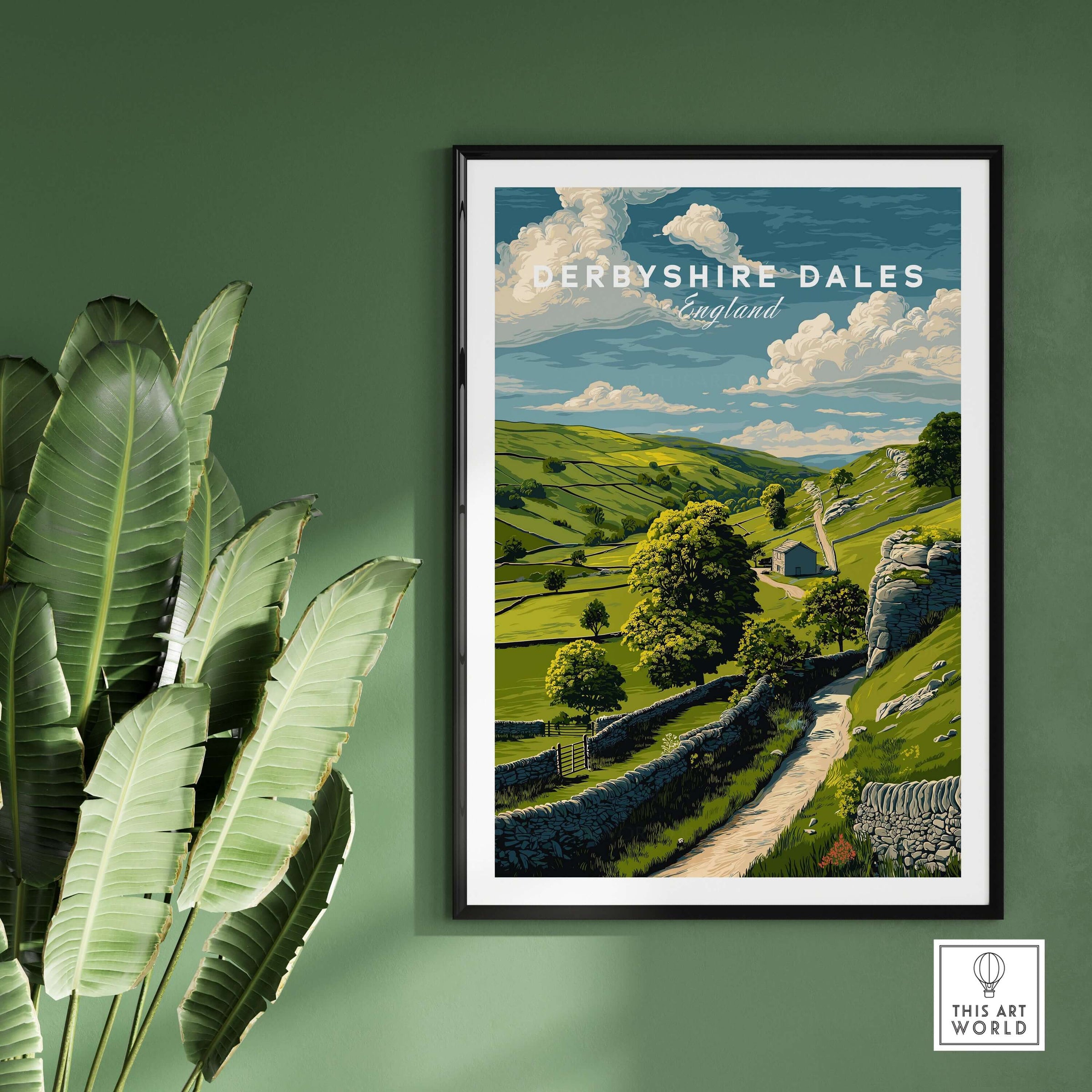 Derbyshire Dales Print - England Farmhouse Wall Art - Green Fields and Hills Poster in a framed setting with greenery.