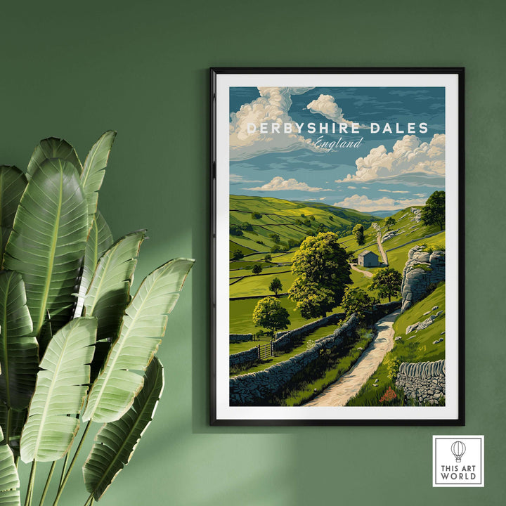 Framed Derbyshire Dales print featuring lush green hills and a peaceful countryside scene in England.