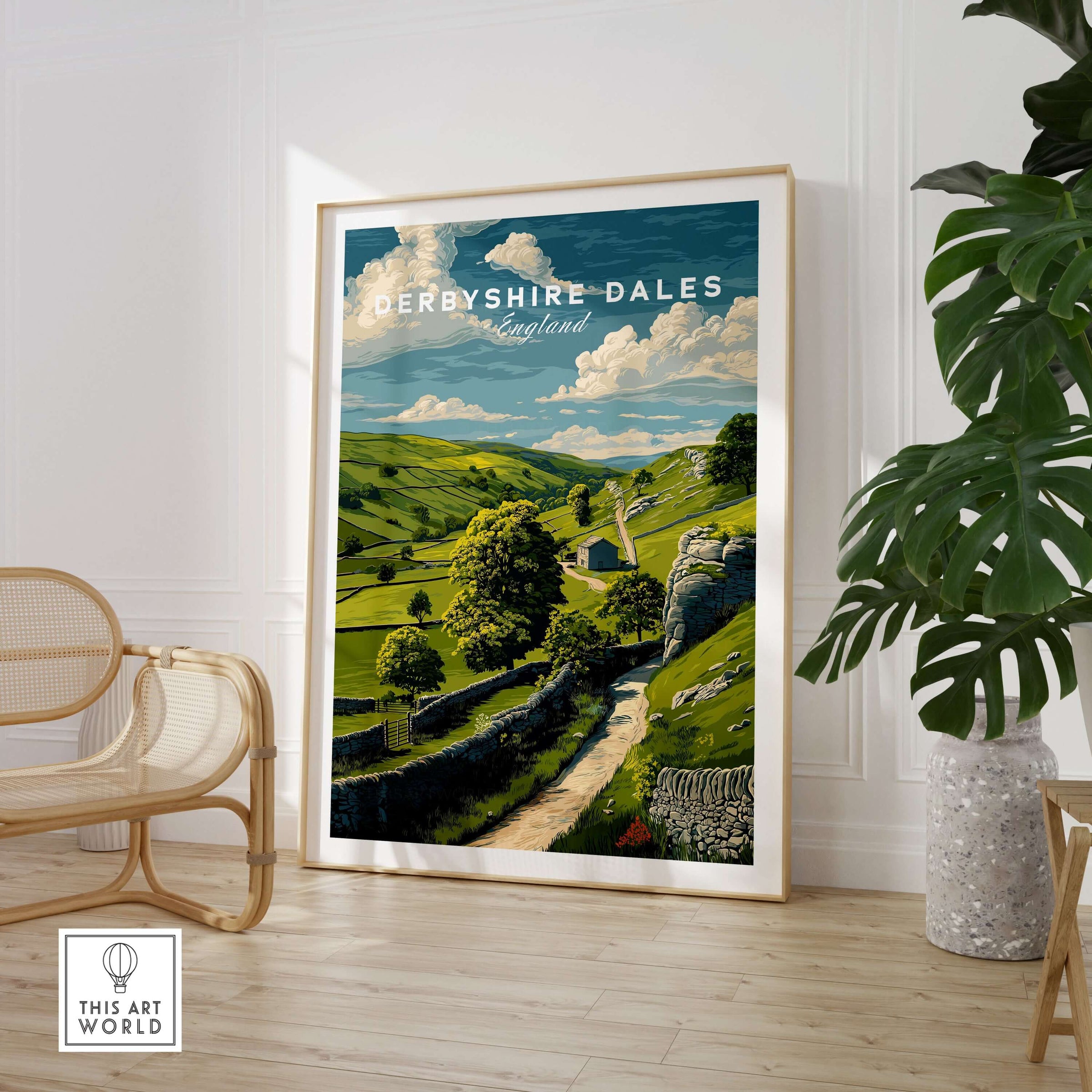 Derbyshire Dales Print - England Farmhouse Wall Art - Green Fields and Hills Poster in a cozy interior setting.