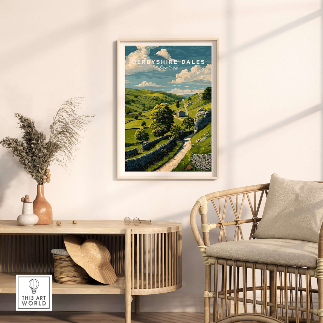 Derbyshire Dales print featuring lush green hills and countryside, framed in a cozy home setting.