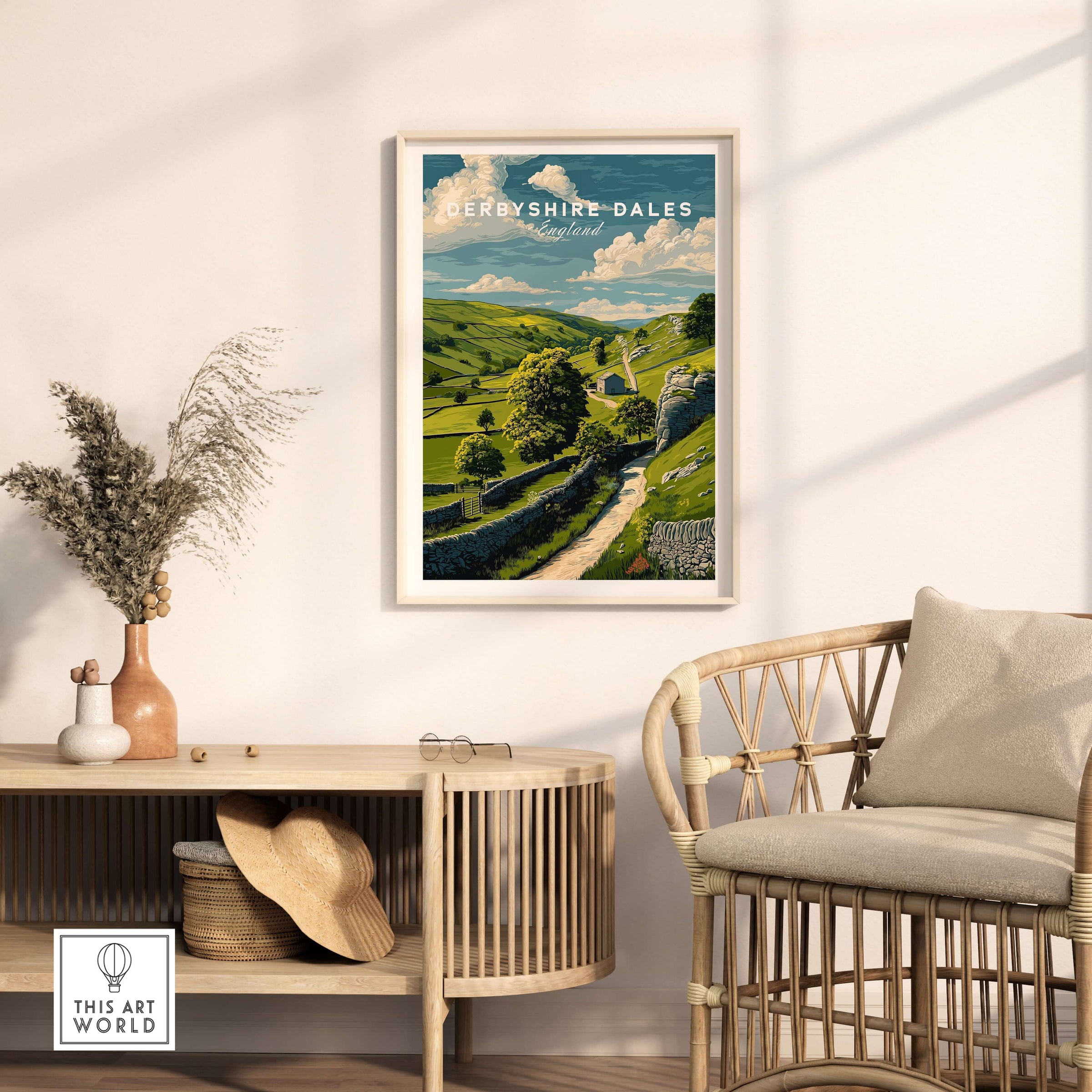 Derbyshire Dales Print - England Farmhouse Wall Art - Green Fields and Hills Poster showcasing lush green hills.