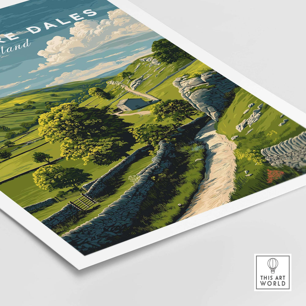 Derbyshire Dales farmhouse wall art print featuring lush green hills and a serene countryside landscape.