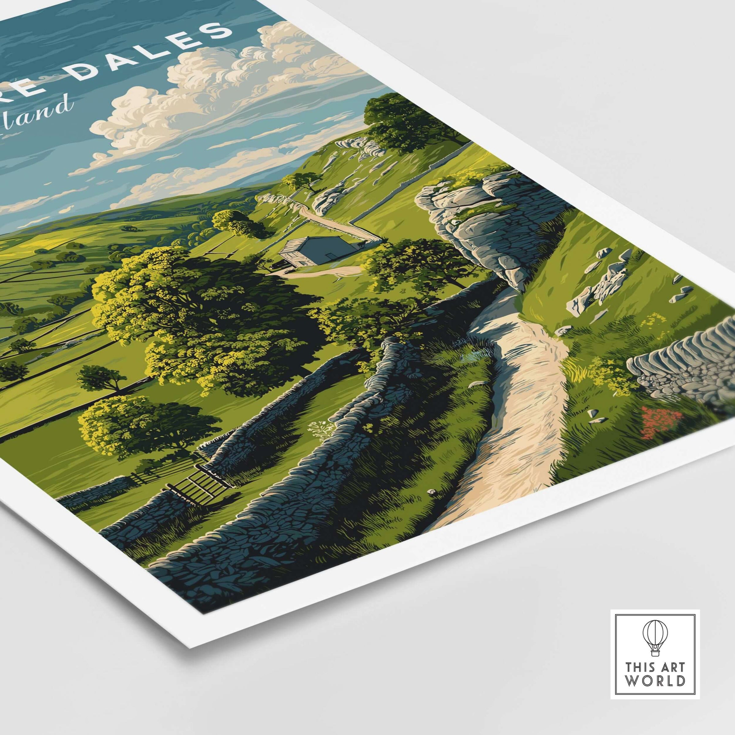 Derbyshire Dales Print - England Farmhouse Wall Art - Green Fields and Hills Poster showcasing lush countryside scenery.
