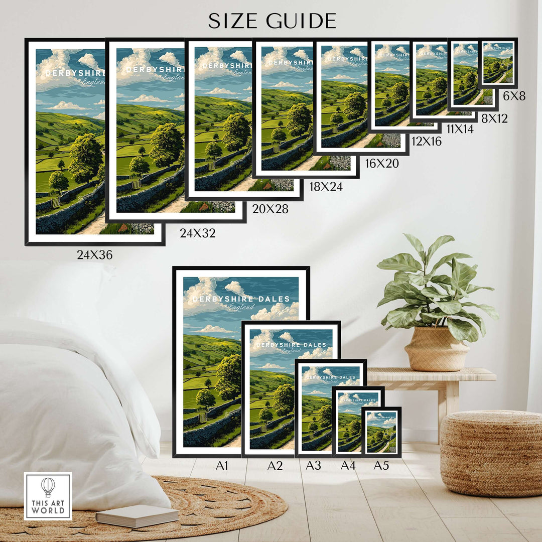 Size guide for Derbyshire Dales farmhouse wall art prints showcasing various frame sizes and designs.