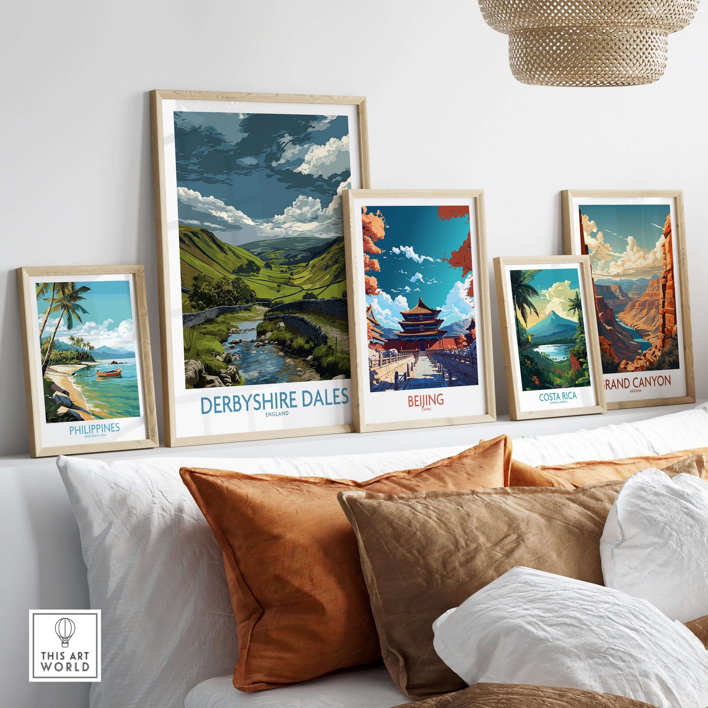 Derbyshire Dales Valley Poster - Rolling Hills & Stream Art Print - England Landscape Wall Decor framed on a wall with other posters.