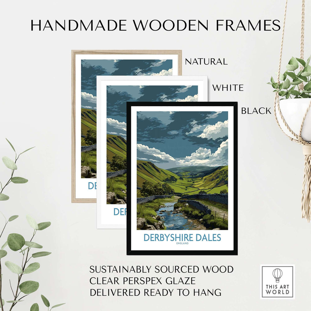 Handmade wooden frames in natural, white, and black for Derbyshire Dales Valley art print, ready to hang.