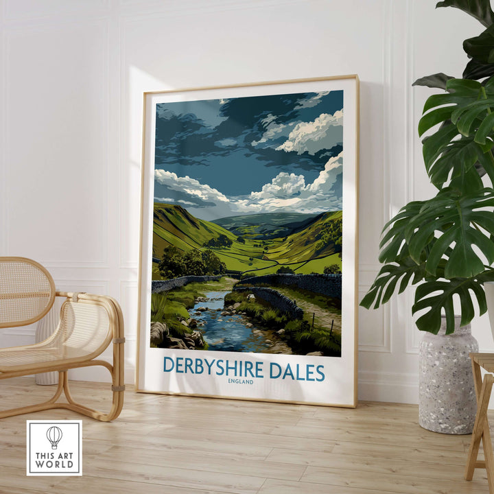 Derbyshire Dales Valley art print featuring rolling hills and stream, perfect for England landscape wall decor.
