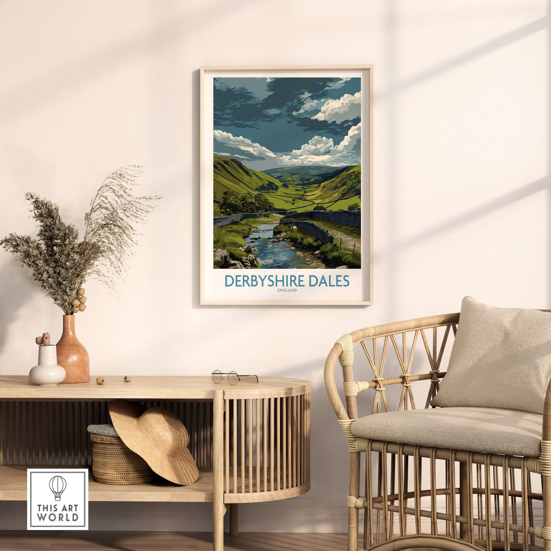 Derbyshire Dales landscape poster featuring rolling hills and stream in elegant living room decor.