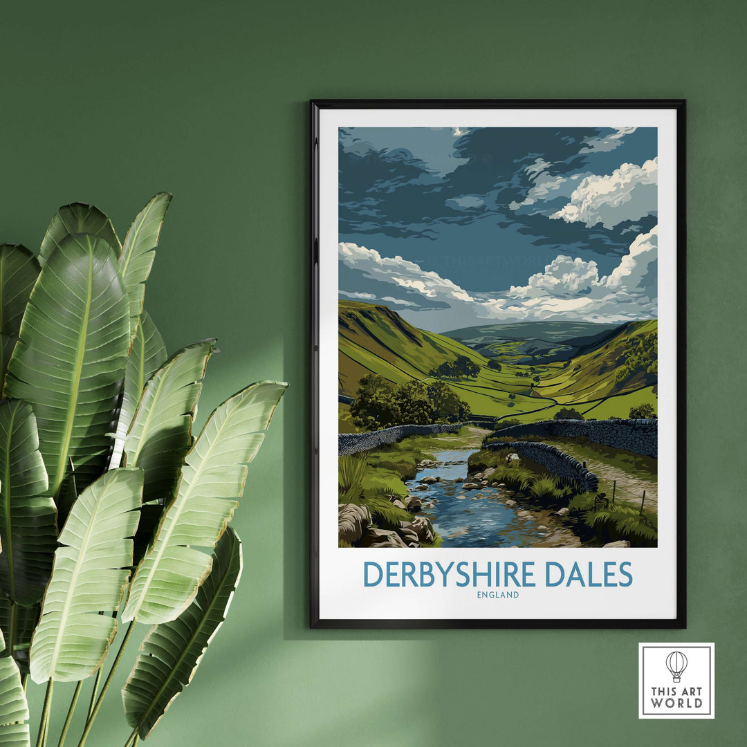 Derbyshire Dales Valley poster with rolling hills and stream, framed wall art decor for a serene English landscape.