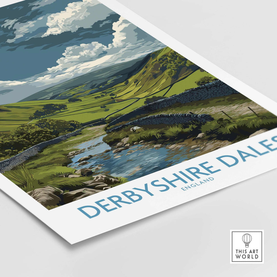 Derbyshire Dales Valley poster featuring rolling hills and a stream, showcasing England's beautiful landscape art.