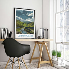 Derbyshire Dales Valley Poster - Rolling Hills & Stream Art Print - England Landscape Wall Decor displayed in a stylish interior.