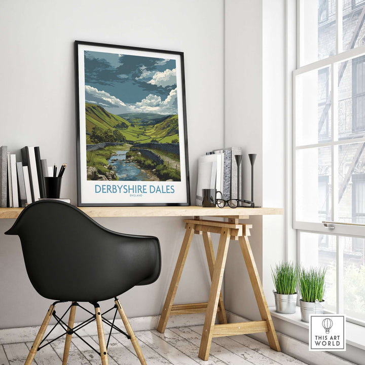 Derbyshire Dales Valley art print featuring rolling hills and stream, displayed in a modern home office setting.