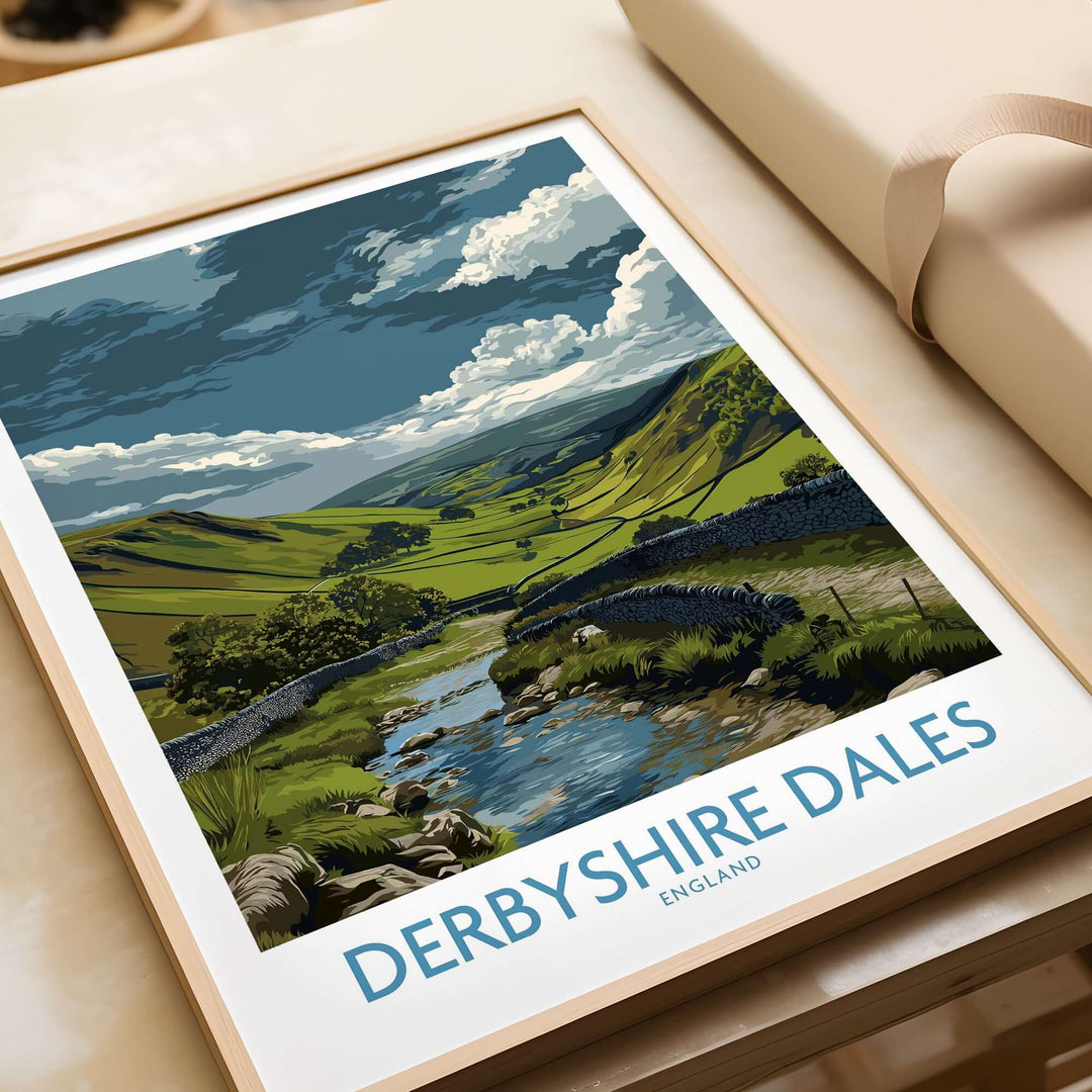 Derbyshire Dales Valley art print featuring rolling hills and stream, perfect as England landscape wall decor.