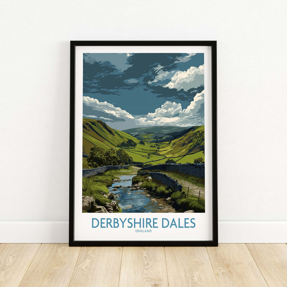 Derbyshire Dales Valley poster featuring rolling hills and a stream, perfect for England landscape wall decor.