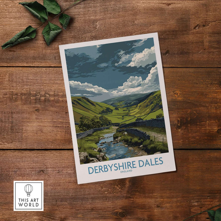Derbyshire Dales Valley art print featuring rolling hills and a stream, perfect for England landscape wall decor.