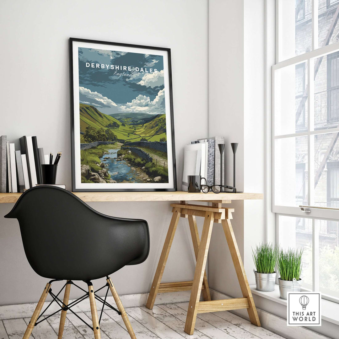Derbyshire Dales wall art print showcasing Peak District scenery in home office setting.