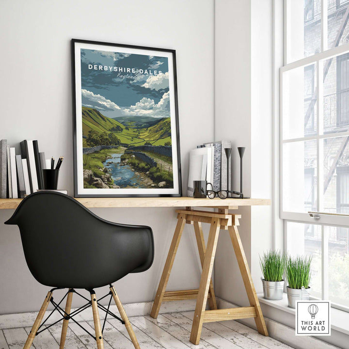 Derbyshire Dales wall art print showcasing Peak District scenery in home office setting.