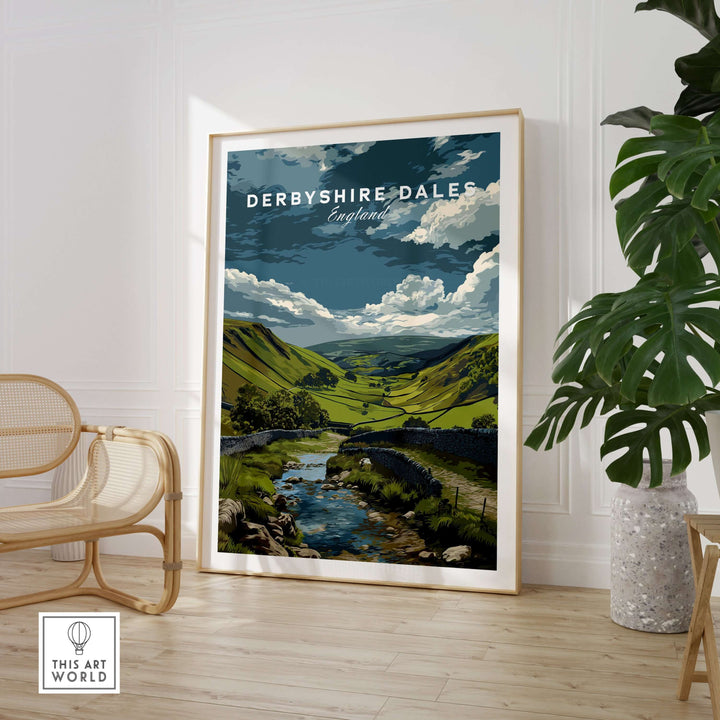 Derbyshire Dales wall art print showcasing Peak District scenery with rolling hills and a serene stream in rural England.