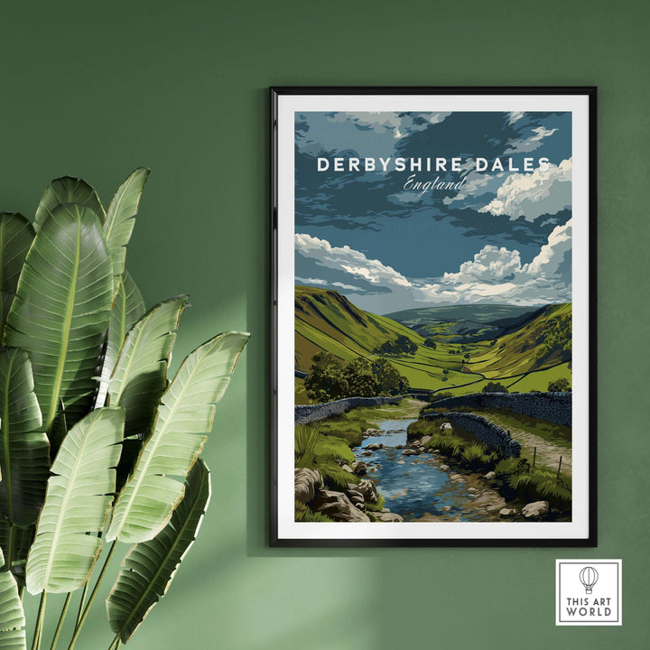 Derbyshire Dales wall art print showcasing scenic English countryside with hills and waterways.