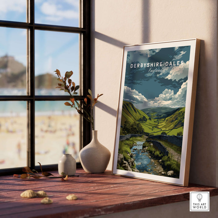 Framed Derbyshire Dales wall art showcasing Peak District scenery, bright colors, and a tranquil countryside view.