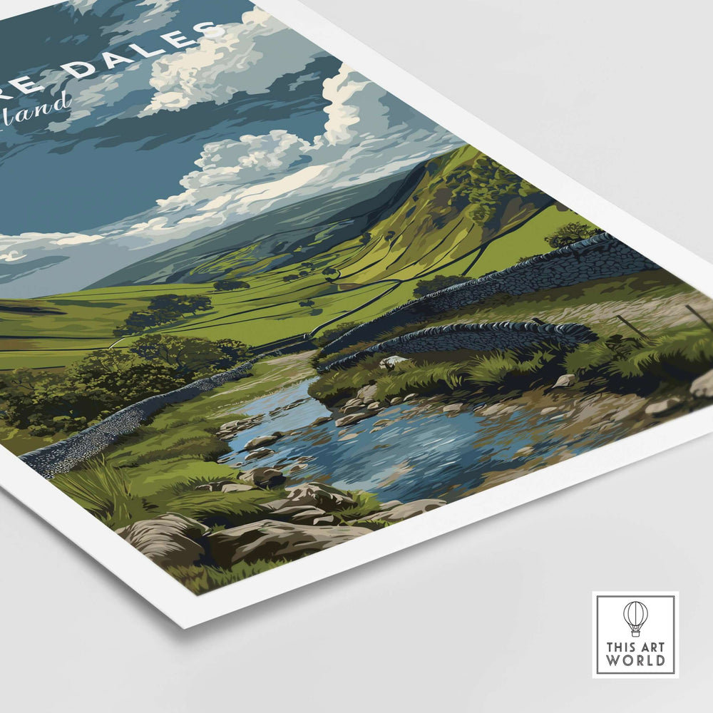 Derbyshire Dales wall art print featuring a scenic Peak District landscape with rolling hills and a tranquil stream.