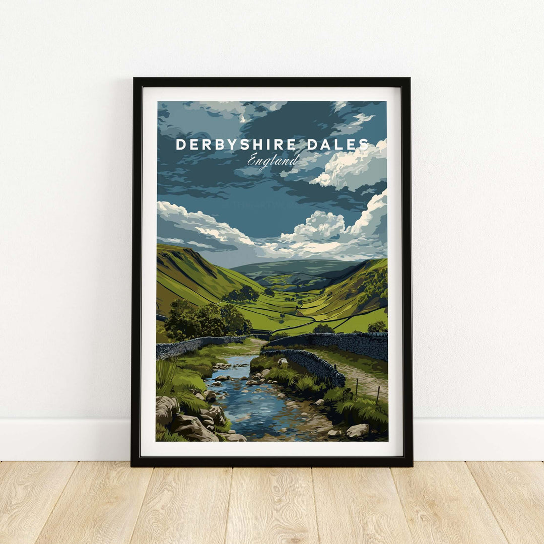 Derbyshire Dales wall art featuring scenic Peak District countryside in vibrant colors.
