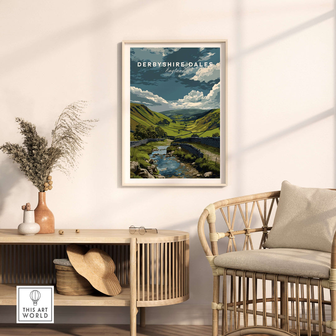 Derbyshire Dales wall art print showcasing scenic Peak District view in stylish home decor setting.
