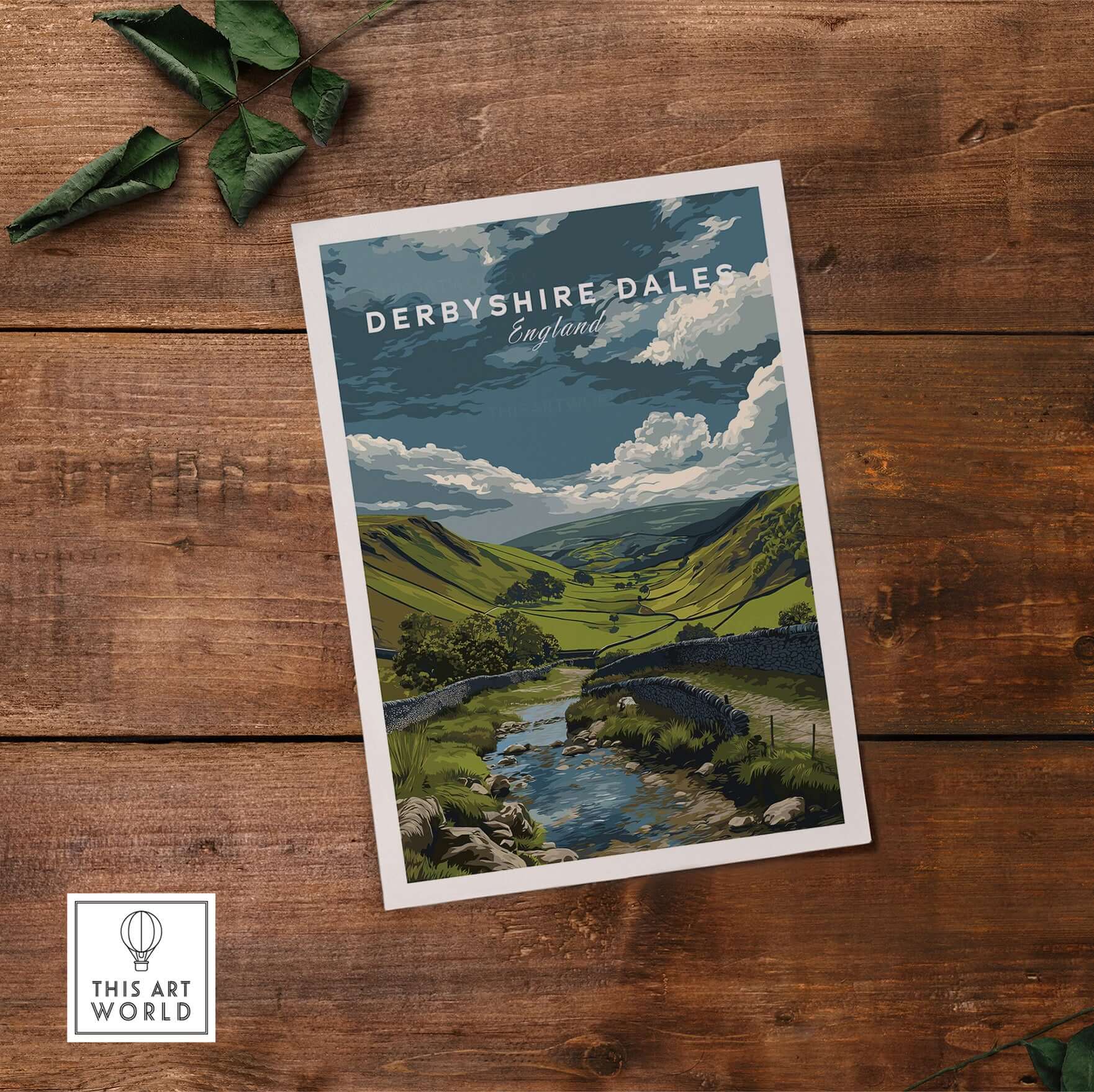 Derbyshire Dales Wall Art - Peak District Scenery Print - Rural England Wall Art on wooden background