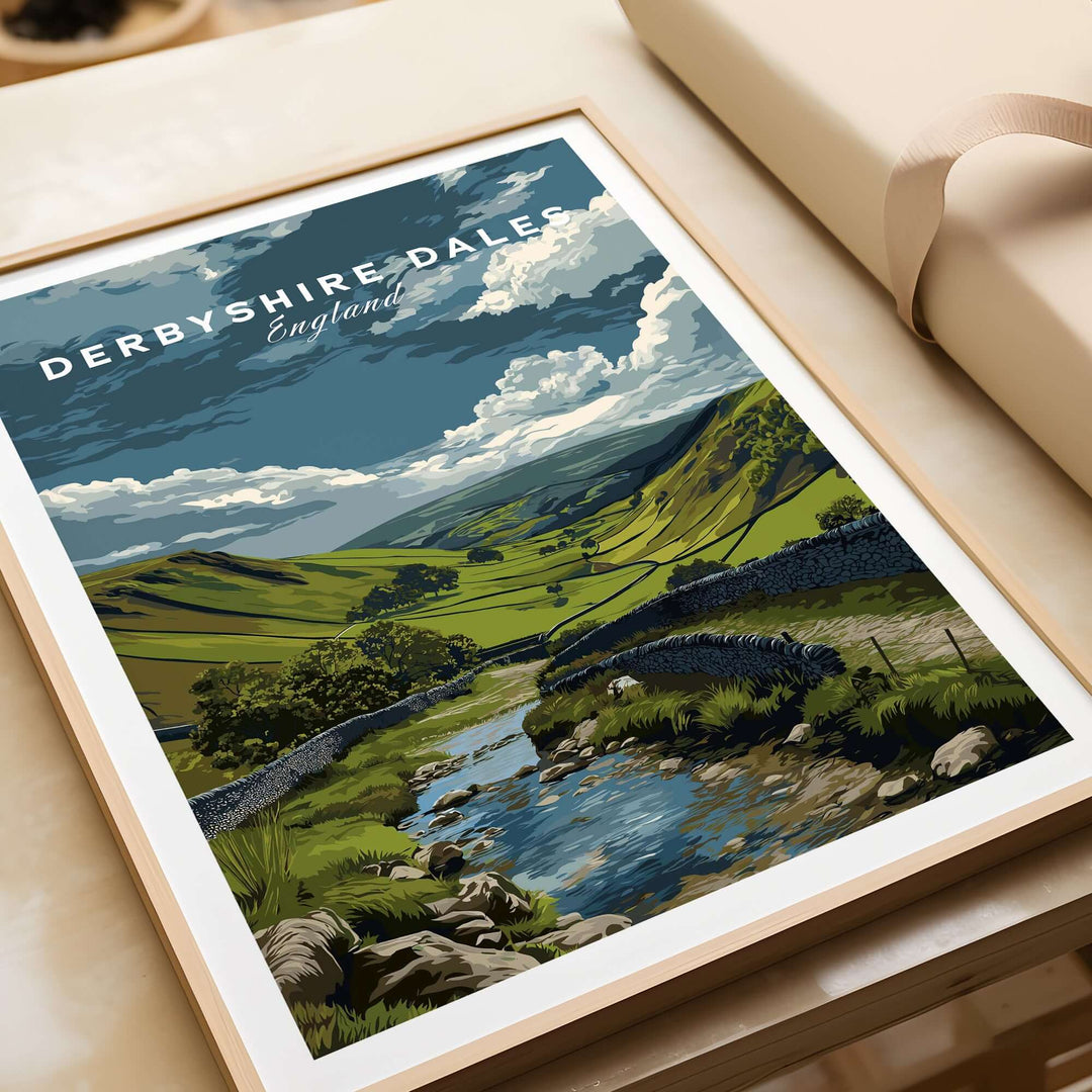 Derbyshire Dales wall art print showcasing scenic Peak District landscape and river in rural England.