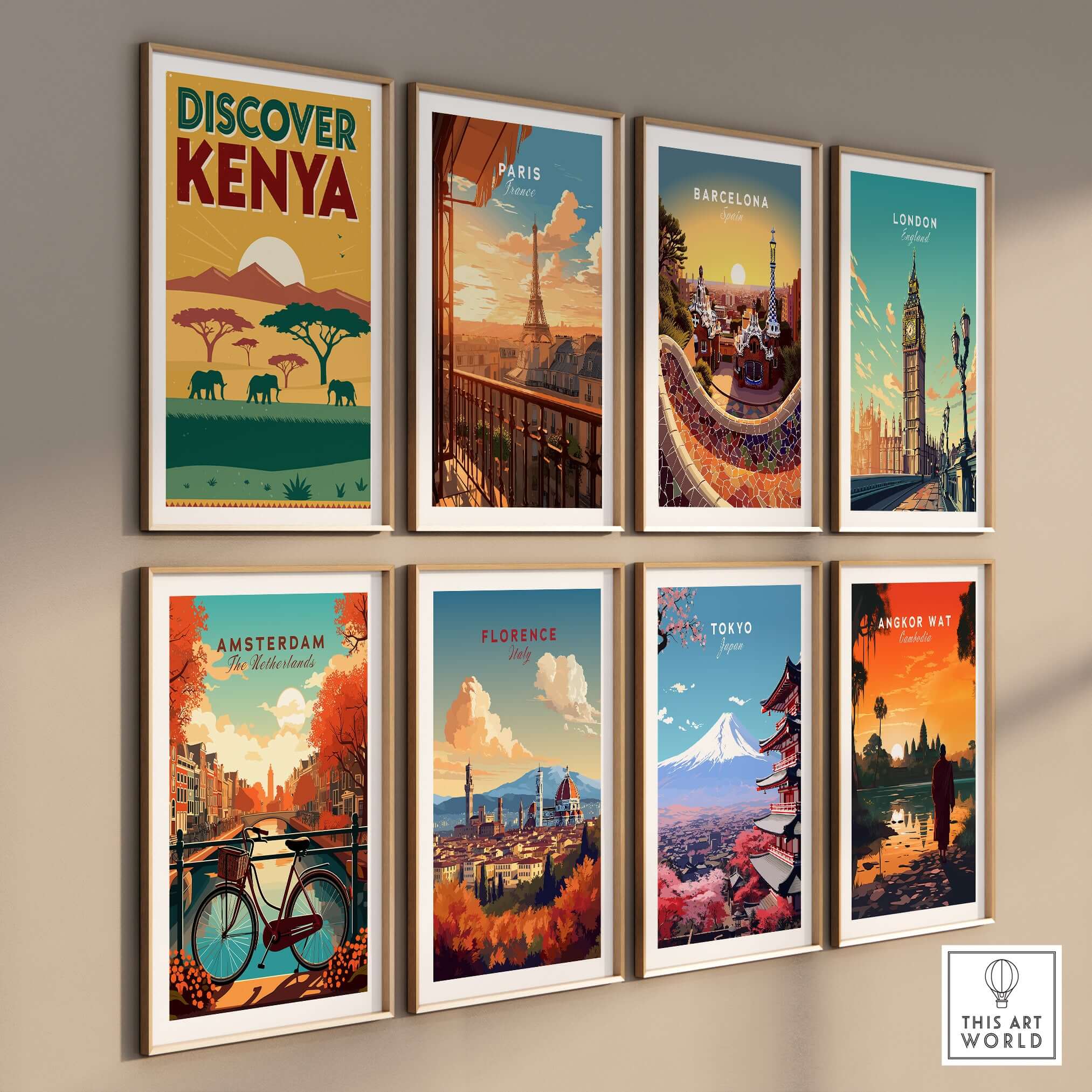 Kenya Safari Poster - Discover Africa Travel Art featuring various city travel posters on a gallery wall.