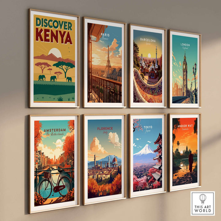 Kenya safari poster among travel art prints highlighting global destinations like Paris, Barcelona, and Tokyo.