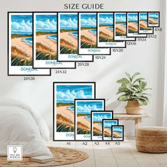 Size guide for Donegal Print showcasing different frame sizes and landscape design.