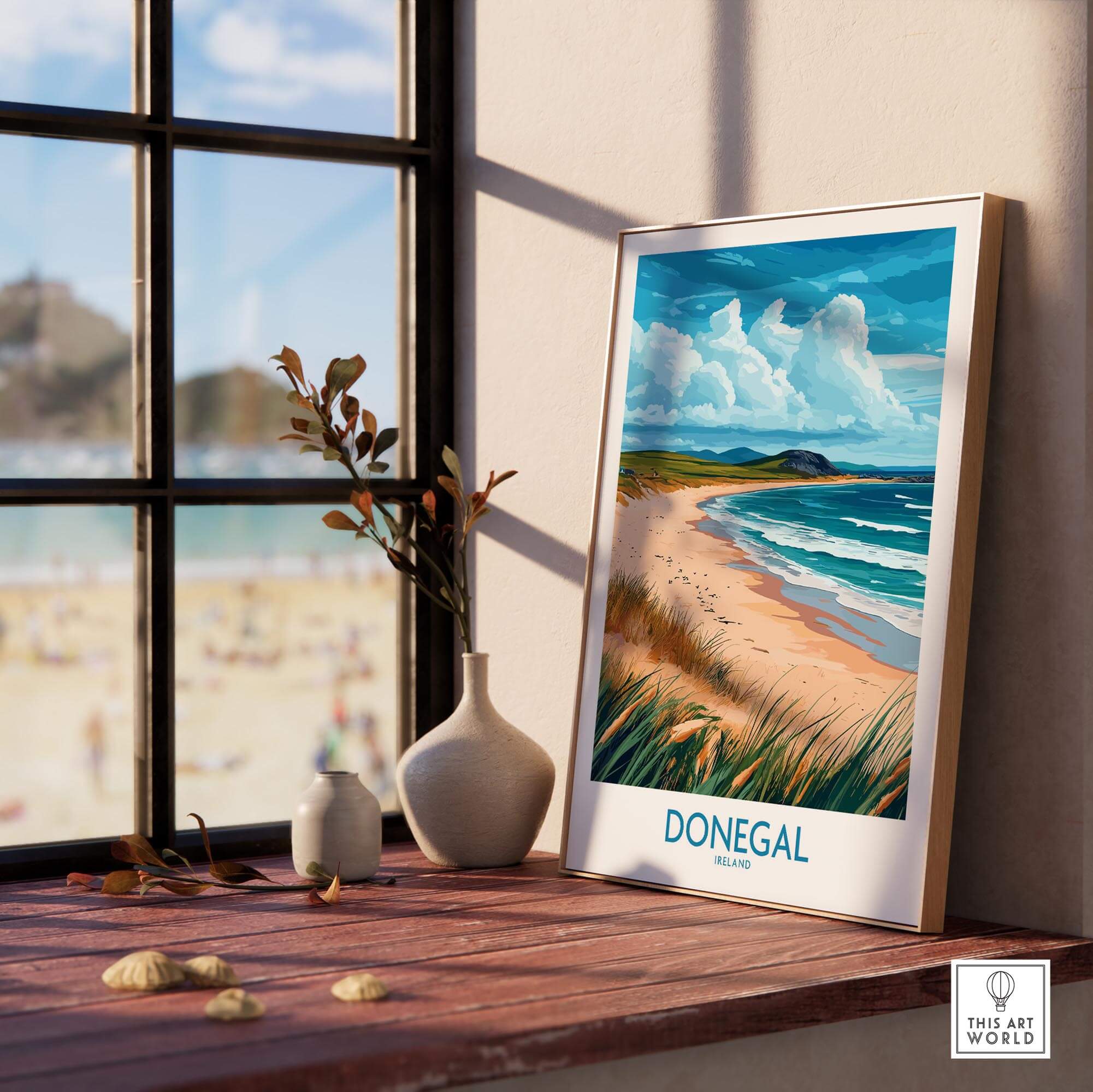 Donegal Print featuring the scenic beauty of Donegal, Ireland displayed in a stylish frame by a window.