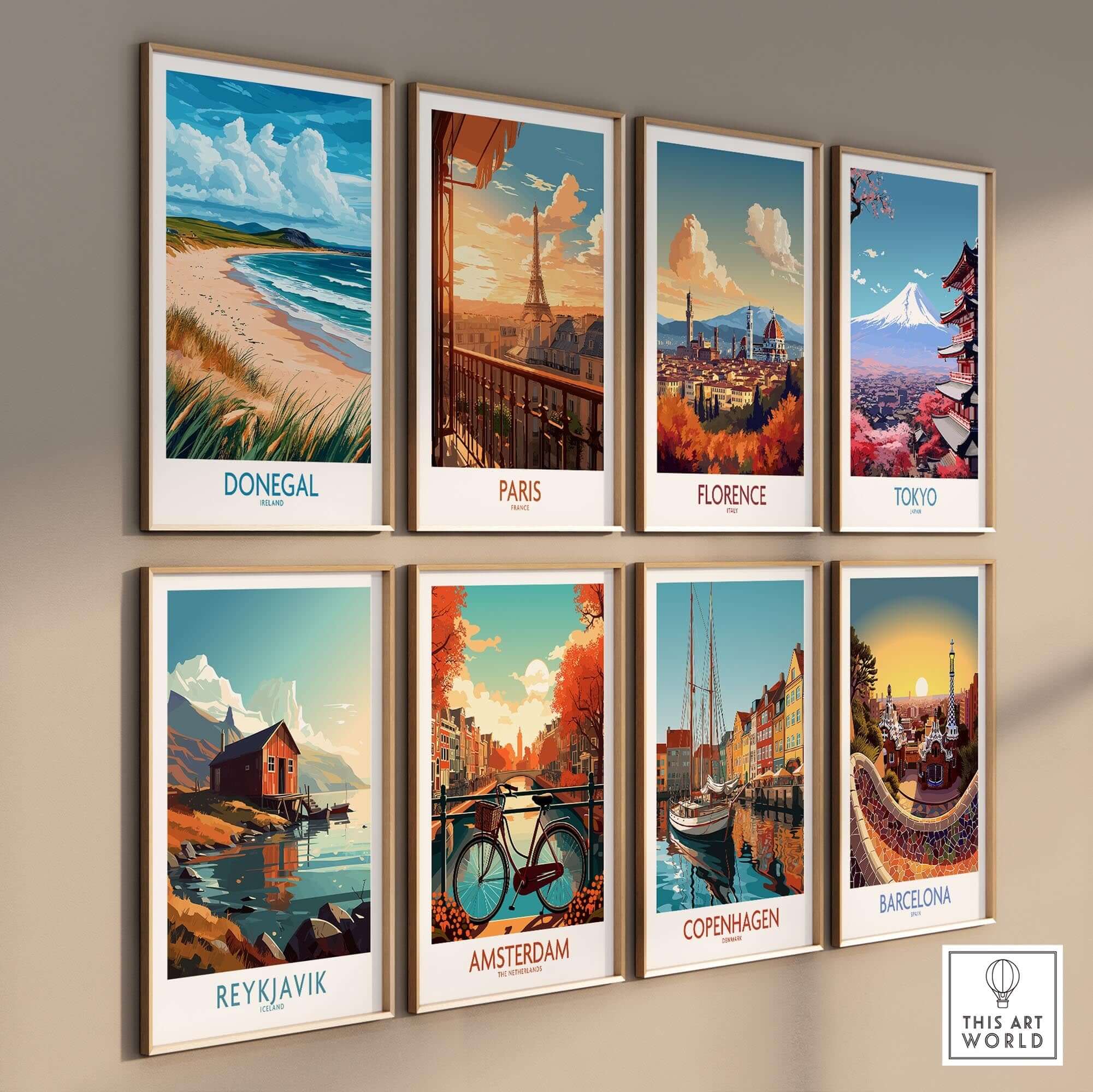 Donegal Print and travel posters featuring Paris, Florence, Tokyo, Reykjavik, Amsterdam, Copenhagen, and Barcelona.