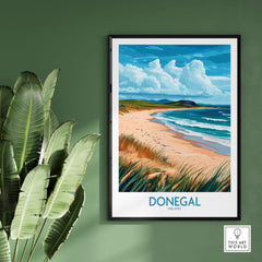 Donegal Print showcasing the stunning Donegal landscape with beach and clouds, perfect for travel lovers.